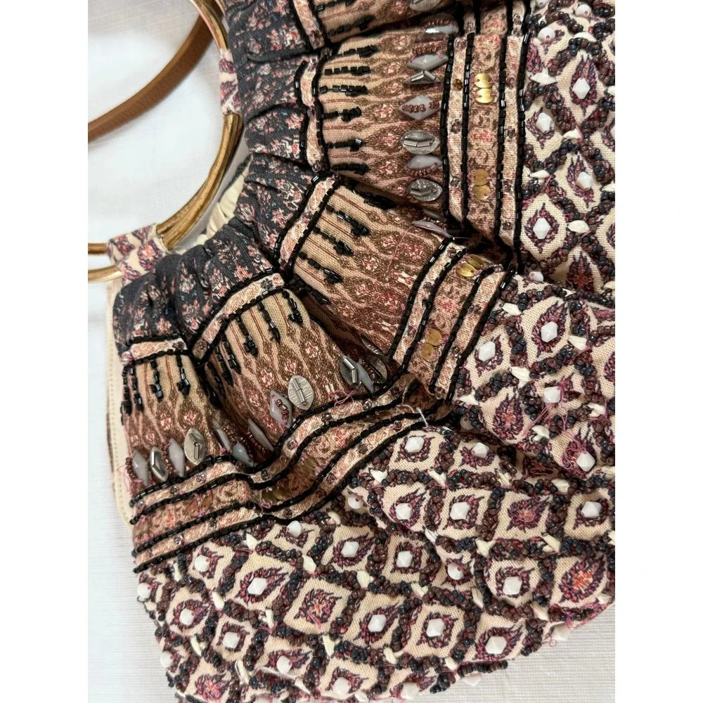 Anthropologie Bohemian Beaded Crescent Hobo Bag Gold Ring Handle Shoulder Bag‎